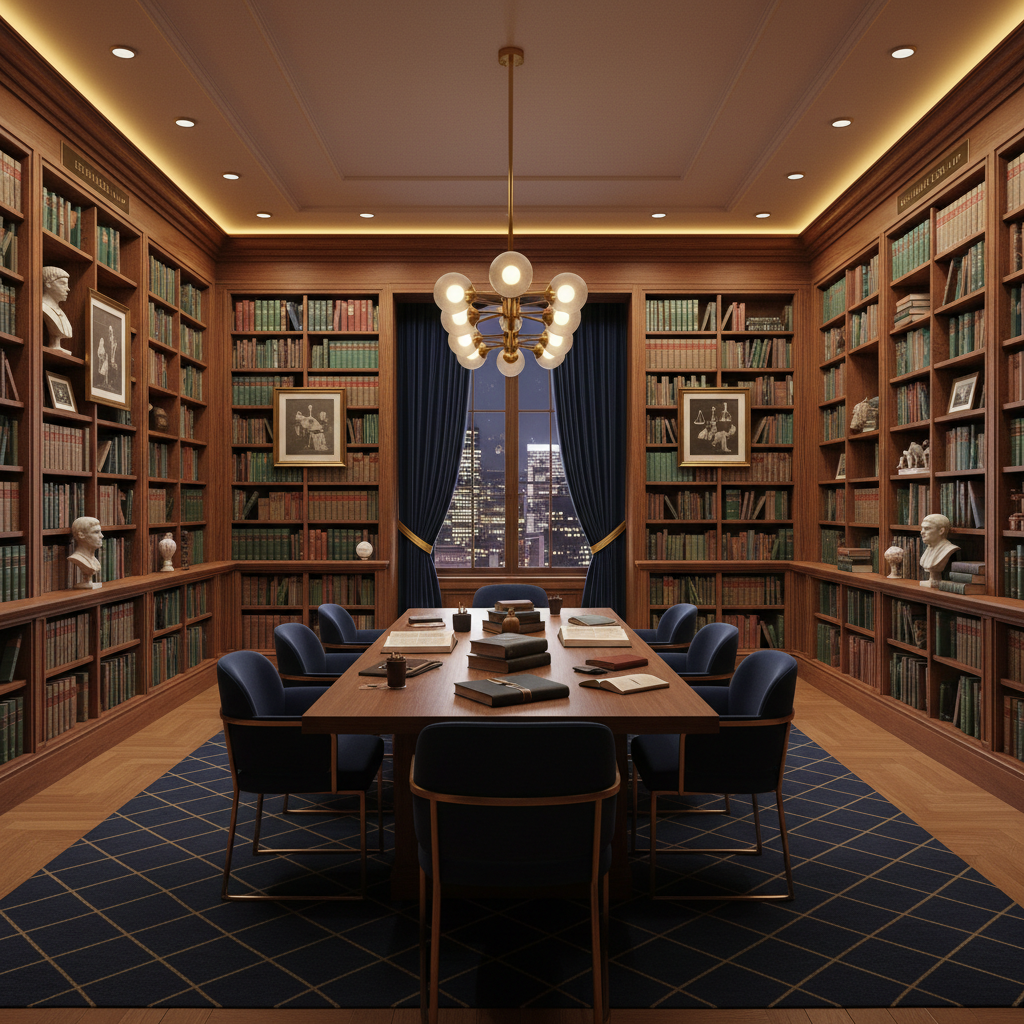 Elegant law library interior with mahogany bookshelves