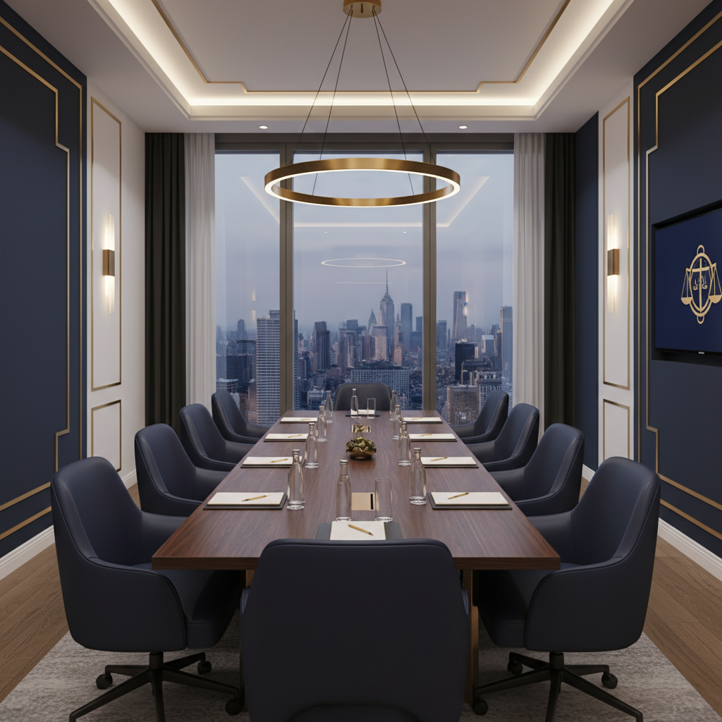 Professional modern law office conference room with city skyline view